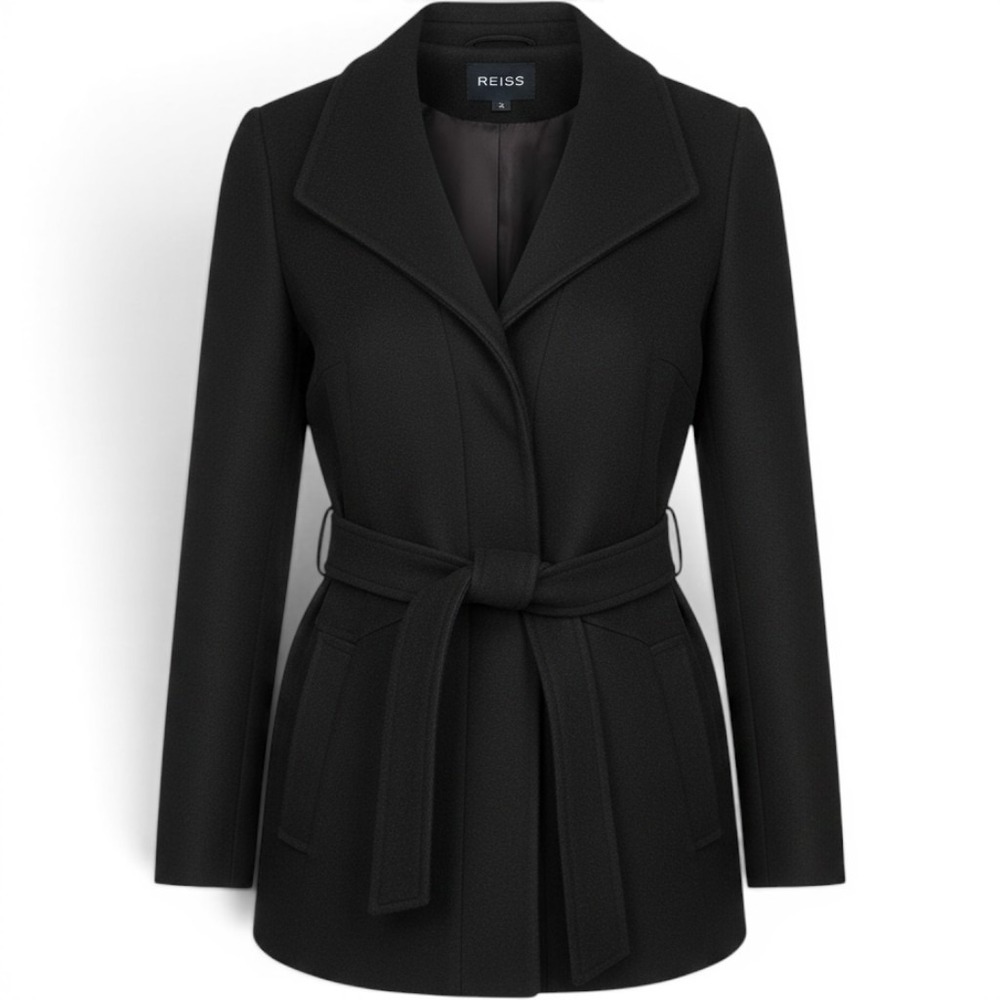 Reiss Black Wool Cashmere Blend Belted Wrap Coat Short Jacket Womens Medium